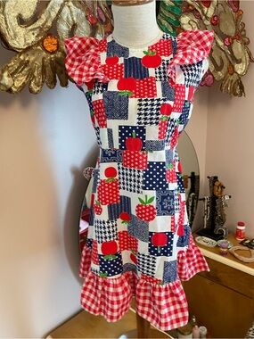 Girls 1970s Red & Navy Apple Patchwork Ruffle Dress